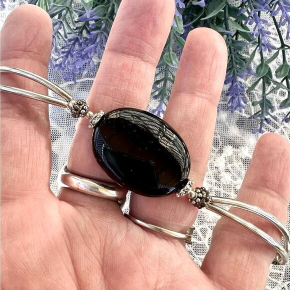 Vintage Natural Jet Black Obsidian Bracelet - Picture 10 of 10
